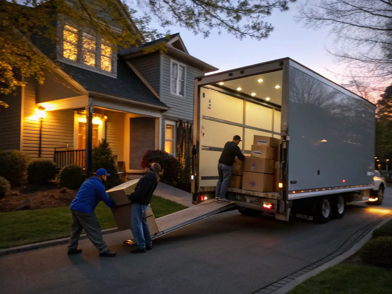 A detailed image showcasing a local moving team carefully loading boxes into a moving truck in a residential neighborhood of San Diego, emphasizing efficiency and care.