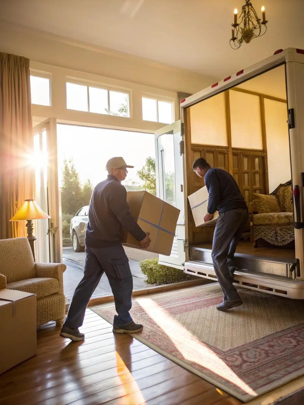 A photo showing Movers San Diego's team unloading and unpacking items at the client's new home, with a focus on careful placement and setup.