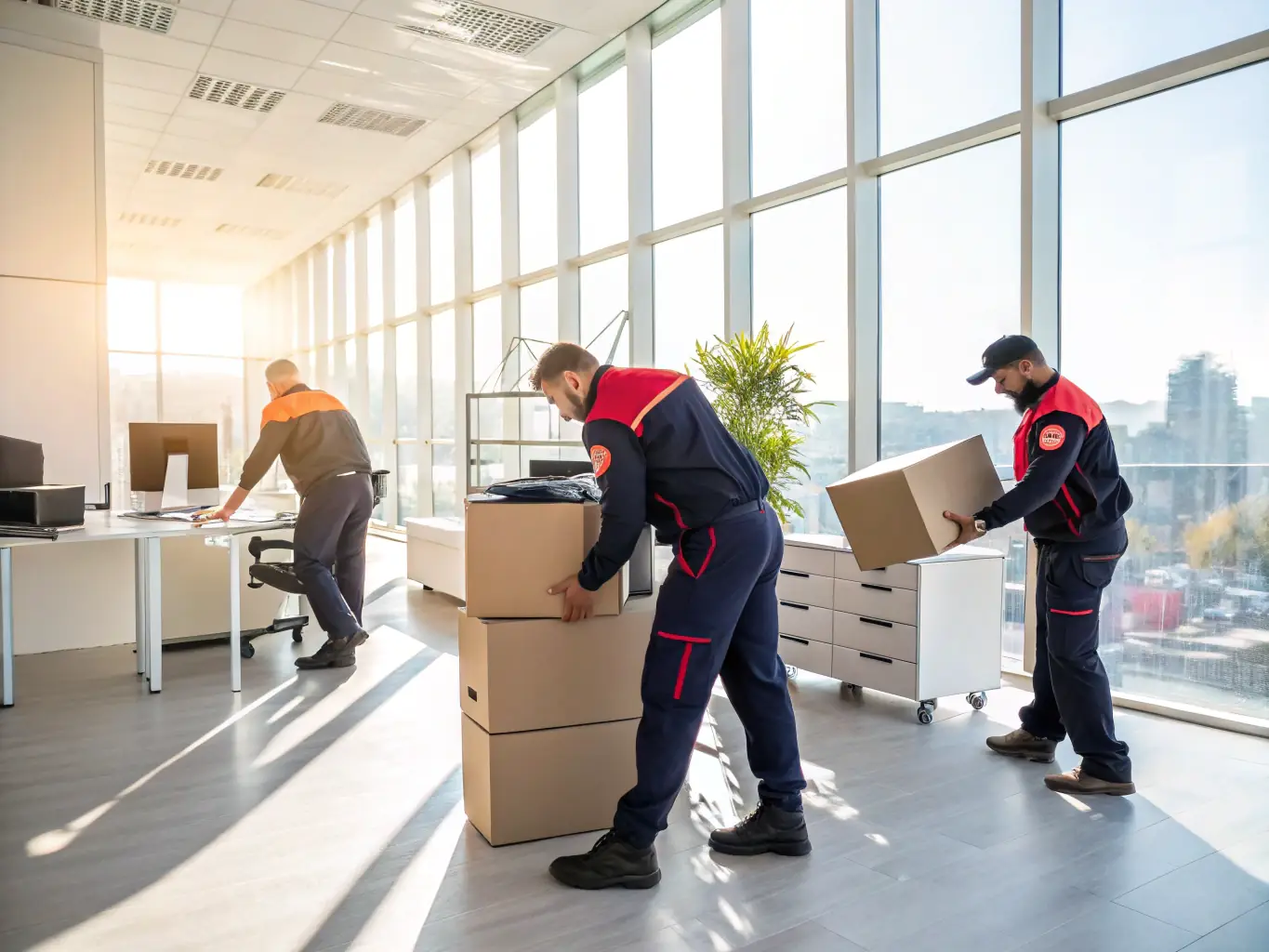 An image showing movers carefully relocating office equipment and furniture in a modern office setting, highlighting the company's expertise in handling commercial moves.