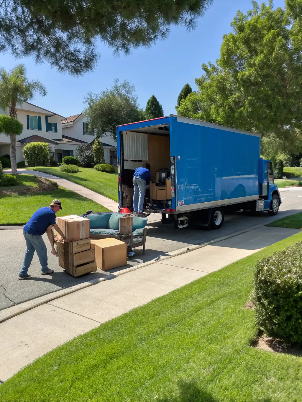 A photograph of Movers San Diego's modern moving trucks equipped with advanced suspension systems, parked outside a residential building, ready for a local move.