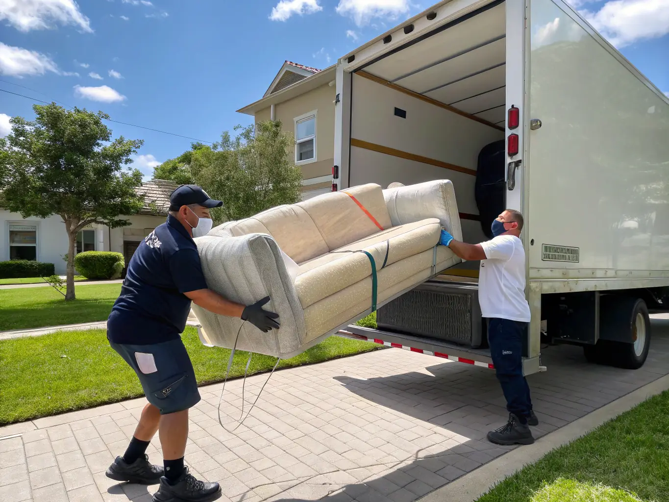 A professional moving team carefully packing boxes in a residential neighborhood, preparing for a local move in San Diego.