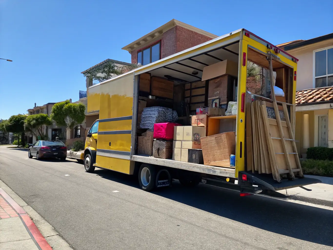A moving truck loaded with boxes and furniture on a highway, symbolizing long-distance moving services offered by Movers San Diego.