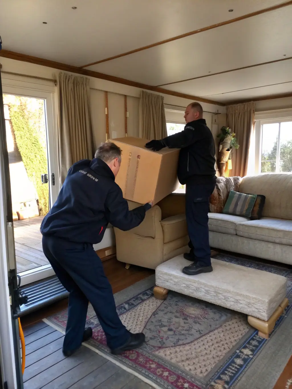 A high-resolution image depicting a team of Movers San Diego professionals carefully wrapping delicate furniture with protective padding inside a client's home, showcasing their attention to detail and care.